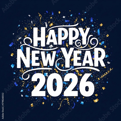Happy New Year 2026 Celebration with Confetti and Glitter on Dark Blue Background