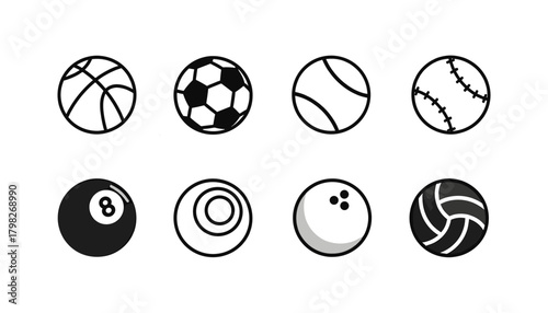 Sports Balls Line and Solid Icon Set: Basketball, Soccer, Tennis, Baseball, Eight Ball, Bowling Ball, and Volleyball Symbols for Athletics and Recreation Concepts