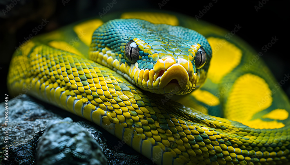 Obraz premium Green pit viper rests curled on rocky terrain. Reptile shows textured scales and striking eyes. Wildlife animal in natural habitat,