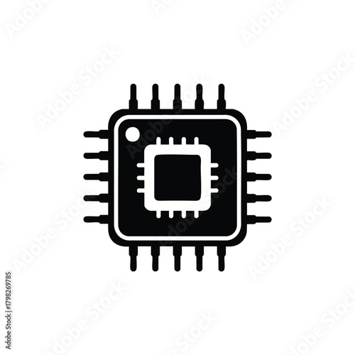 Black and white microchip icon representing advanced technology and computing.