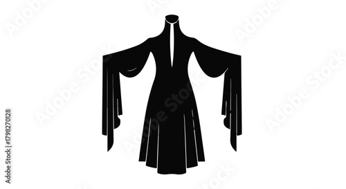 Elegant flowing black gothic dress with dramatic flared sleeves against a stark white background
