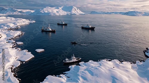 Majestic Arctic Landscape with Fishing Vessels and Snowy Terrain