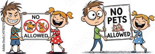 Cartoon children holding no pets allowed signs with dog and cat symbols, humorous expressions, playful illustration showing rules, restrictions, and funny reactions