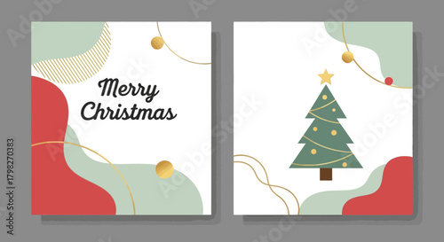 Send warm holiday wishes with this charming Merry Christmas card featuring a classic tree and festive abstract shapes for a modern feel