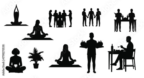 Diverse group silhouettes representing wellness, community, and daily activities