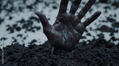 Emerging Hand from Dark Soil in a Haunting Winter Landscape