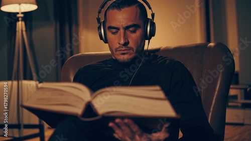 Man Enjoying Audiobook in Cozy Living Room Ambience