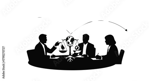 Diverse team collaborating around a table, discussing global strategy with a globe and scales of justice.