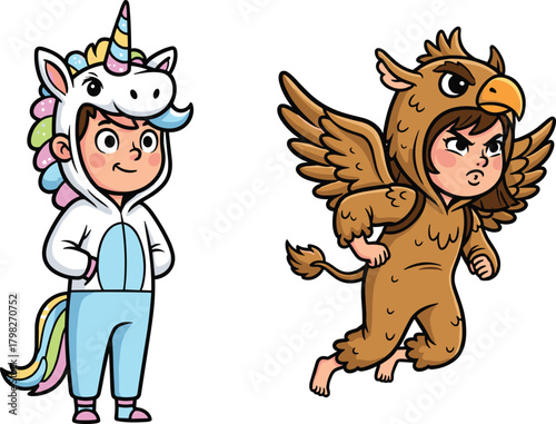 Colorful children wearing cute unicorn and griffin costumes standing and posing in playful cartoon style illustration perfect for fantasy, kids, and creative themes