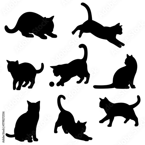 Set of Cat silhouettes. Kitty Cat shadow hand drawn. Flat design vector illustration. Black silhouette of cat.