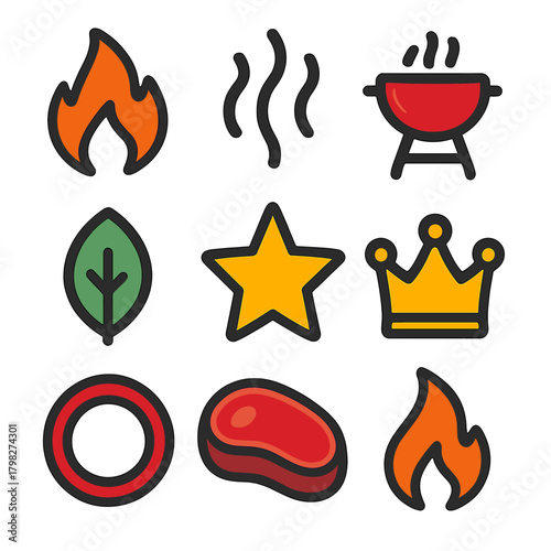 Colorful barbecue icons featuring flame, grill, steak, and leaf designs