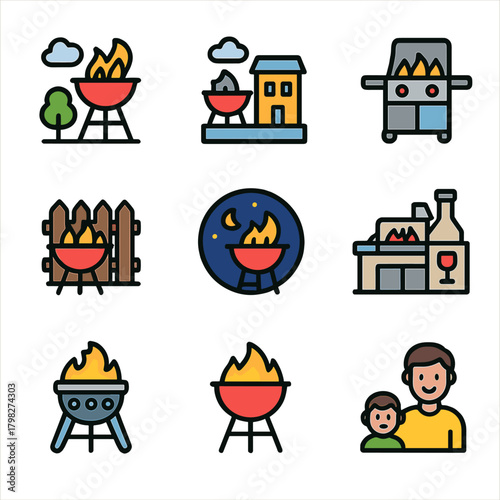 Outdoor grilling icons set depicting barbecue activities and family gathering