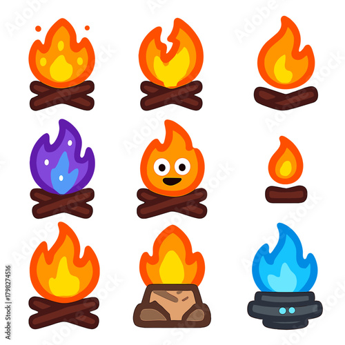 Vibrant animated campfire icons with faces and colors