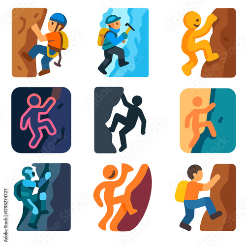 Colorful climbing icons featuring hikers with backpacks and climbers in action