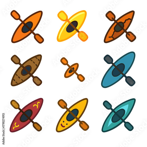 Colorful assorted kayaks on gradient background with paddles display