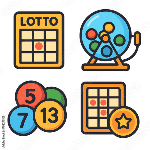 Colorful lottery icons: bingo, lotto machine, and number balls