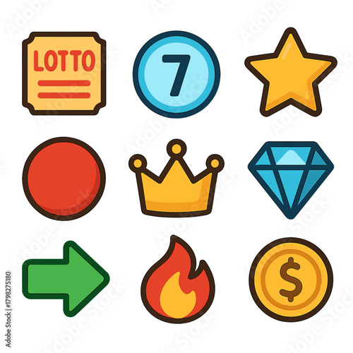 Colorful vector icons for games and apps: lottery, diamond, crown, and more