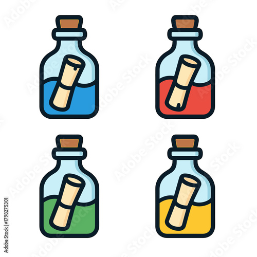 Colorful message bottles with scrolls on gradient background