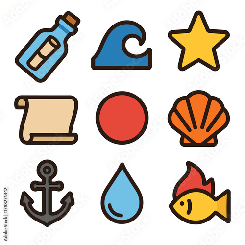 Nautical icons collection: ocean waves, star, shell, anchor, fish, and more