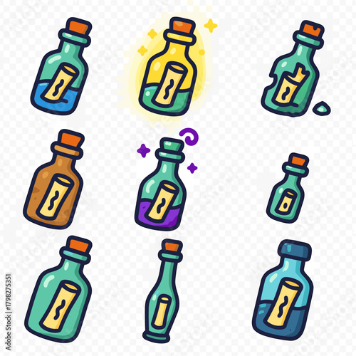 Variety of cartoon potion bottles with colorful designs and labels