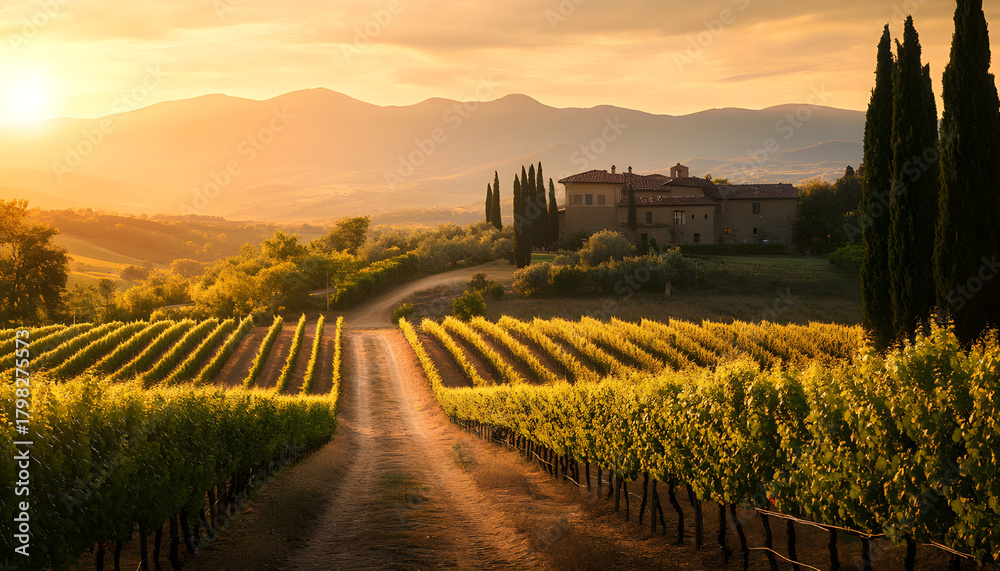 Fototapeta premium Vineyard landscape with rows of grapevines. Winery building sits on a hill with mountains in distance. Golden hour sun sets over