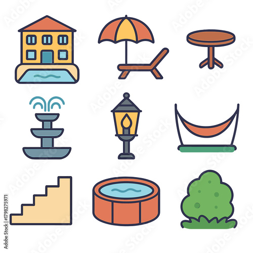 Luxury resort amenities icons: pool, hammock, umbrella, and lounge