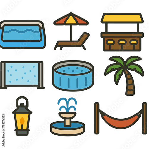 Summer icons set: pool, lounge, bar, hot tub, palm tree, lantern, fountain, hammock
