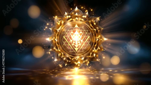 Vibrant golden Sri Yantra mandala glows on dark cosmic background, intricate sacred geometry, divine energy, spiritual enlightenment symbol, Hinduism, Buddhism, meditation, yoga, u