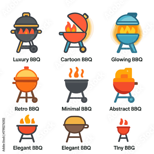 Stylized grills: cartoon, retro, and minimal bbq icons with glowing effects