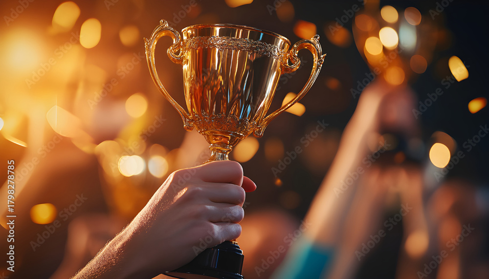 Naklejka premium Hands hold golden trophies at event. People celebrate victory, success. Winning team lifts rewards, receives recognition. Competition winners showcase achievements with pride. Championship award