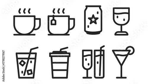 Beverages and Drinks Line Icon Set: Hot Coffee Cup, Tea Mug, Soda Can, Wine Glass, Iced Drink, Takeaway Cup, Champagne Flutes, and Cocktail Symbols