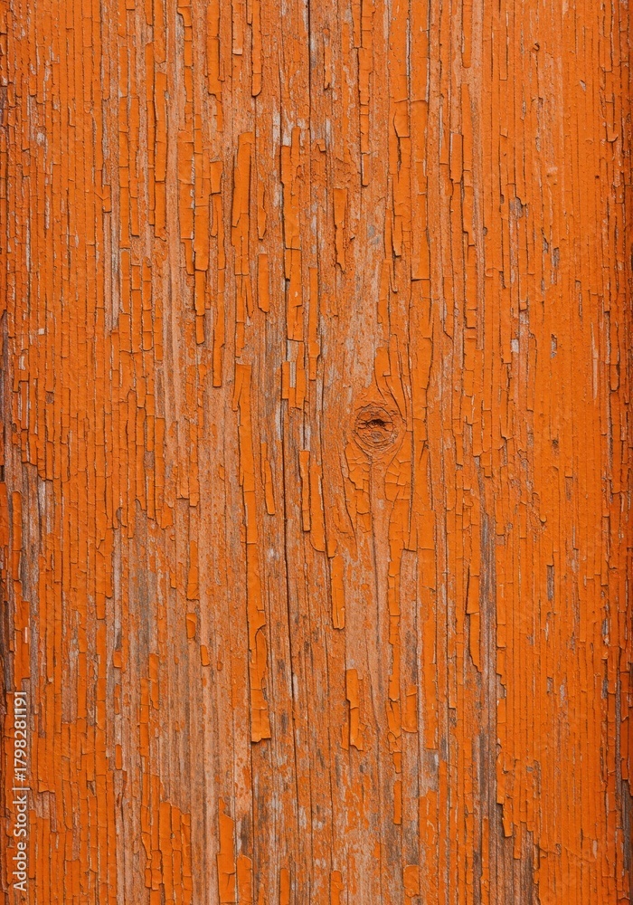 Naklejka premium Weathered wooden door featuring layers of vibrant orange paint flaking away, revealing aged wood grain texture, forgotten, decay, facade