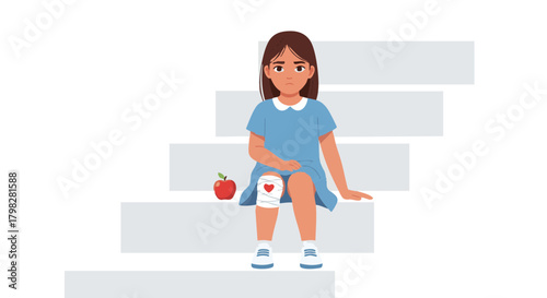 Young girl sitting on stairs with bandaged knee and apple, concept of Winter  