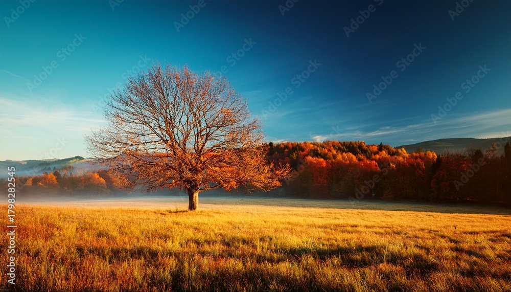 Fototapeta premium Bare Tree In Front Of Meadow In Autumn