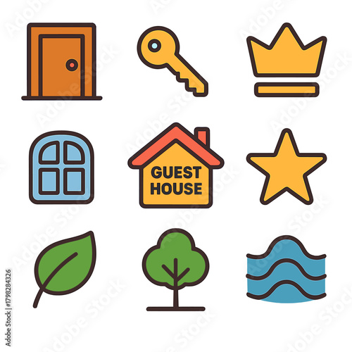 Colorful line icons of guest house, key, door, crown, star, and nature symbols