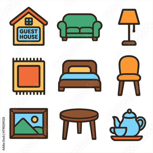 Cozy guest house icons: furniture, decor, lamp, sofa, bed, teapot