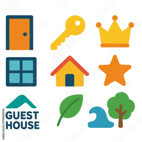 Vibrant icons collage featuring home, nature, and hospitality symbols