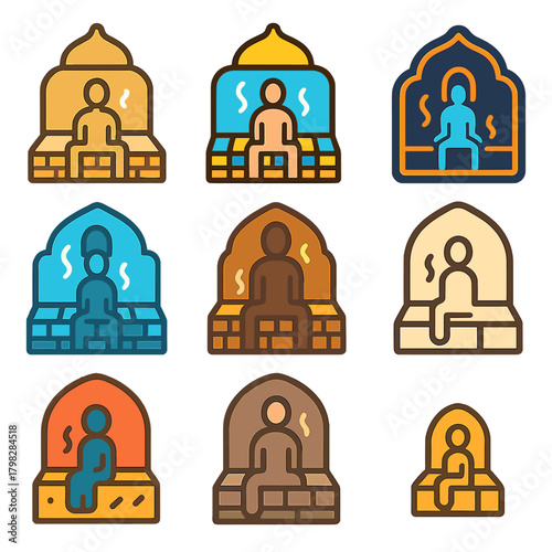 Colorful icons of people in sauna relaxation