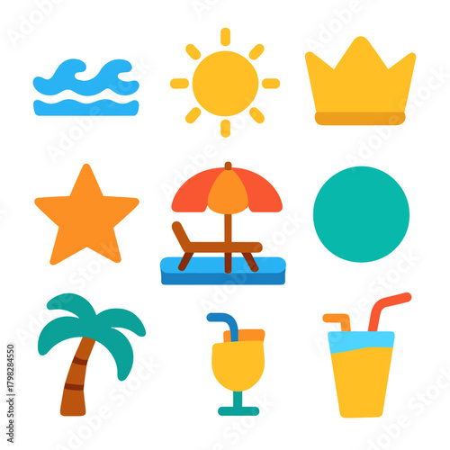 Bright neon summer icons with tropical symbols and leisure themes