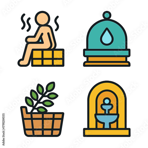 Spa icons: sauna, hammam, aromatherapy, fountain symbols in vibrant colors