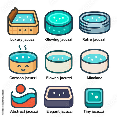 Variety of jacuzzi icons: luxury, retro, cartoon, abstract, elegant, and more