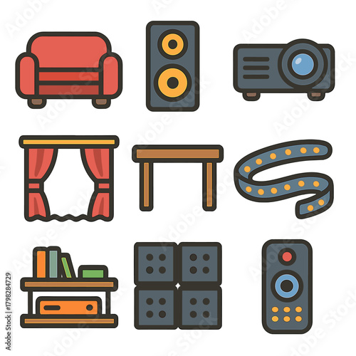 Home theater icons collection: sofa, projector, speaker, remote, and more
