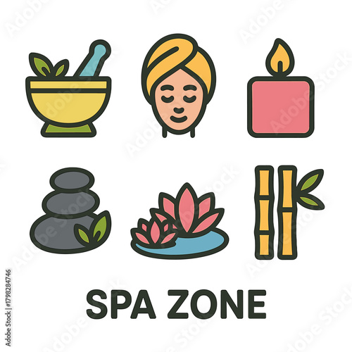 Relaxation icons: spa zone for wellness and self-care