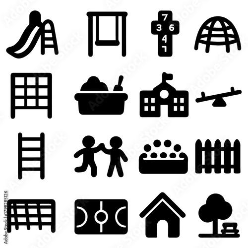 Playground Icon Collection: A comprehensive set of illustrative icons, each depicting elements essential for a child's playground and recreational activities. Capturing the essence of play.