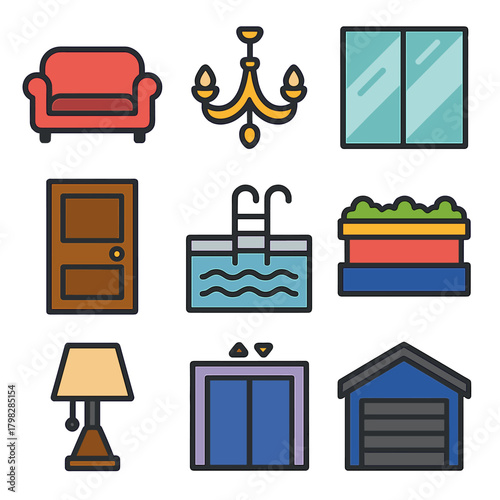 Home decor elements: furniture, lighting, windows, doors, pool, planter, garage