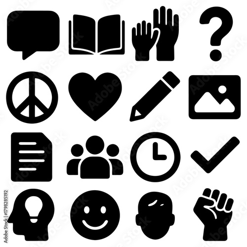 Universal Icon Array: A collection of simple, black icons on a soft background, representing thoughts, concepts, and ideas. Explore the possibilities with this visual vocabulary.