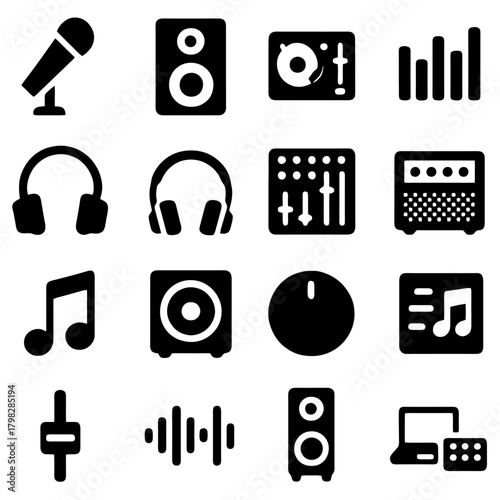 Musical Components: A collection of various icons representing the essential components of music production and audio technology. Showcasing a variety of equipment and instruments for creation.