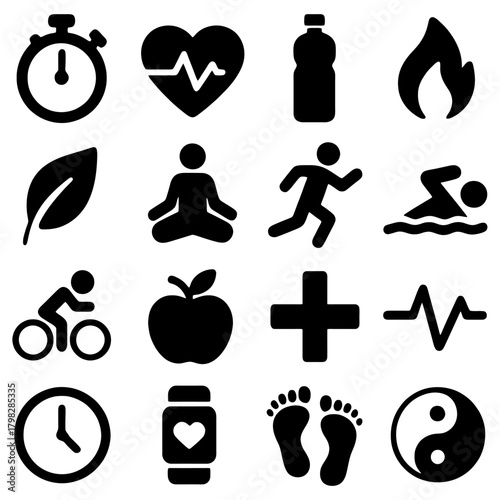 Health and Fitness Icons: A collection of health and fitness icons, designed in a sleek, minimalist style, perfect for promoting wellness, exercise, and a balanced lifestyle.