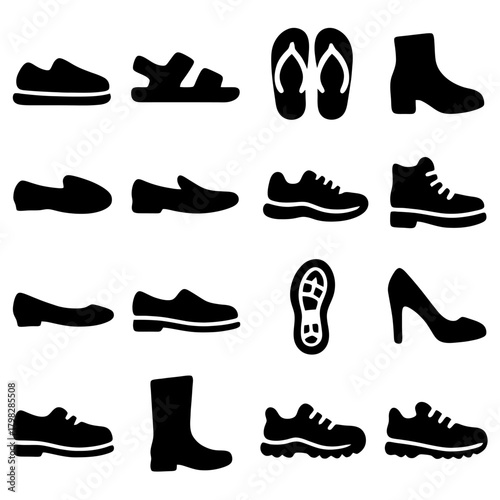 Footwear Variety: A selection of various footwear, from everyday shoes and sandals to boots and trainers, showcases the diversity of styles and functions for foot protection.