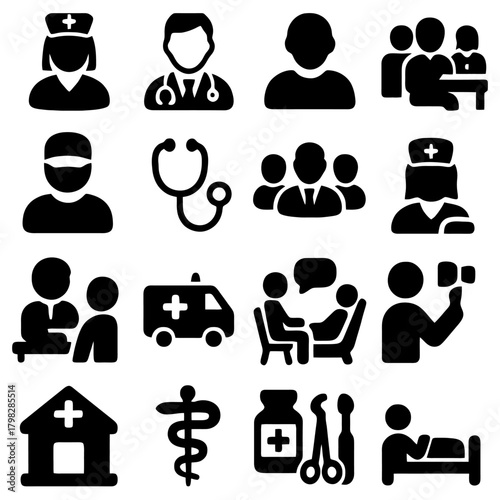 Healthcare Icons: A comprehensive set of black and white healthcare icons, ideal for use in medical and wellness-related designs.